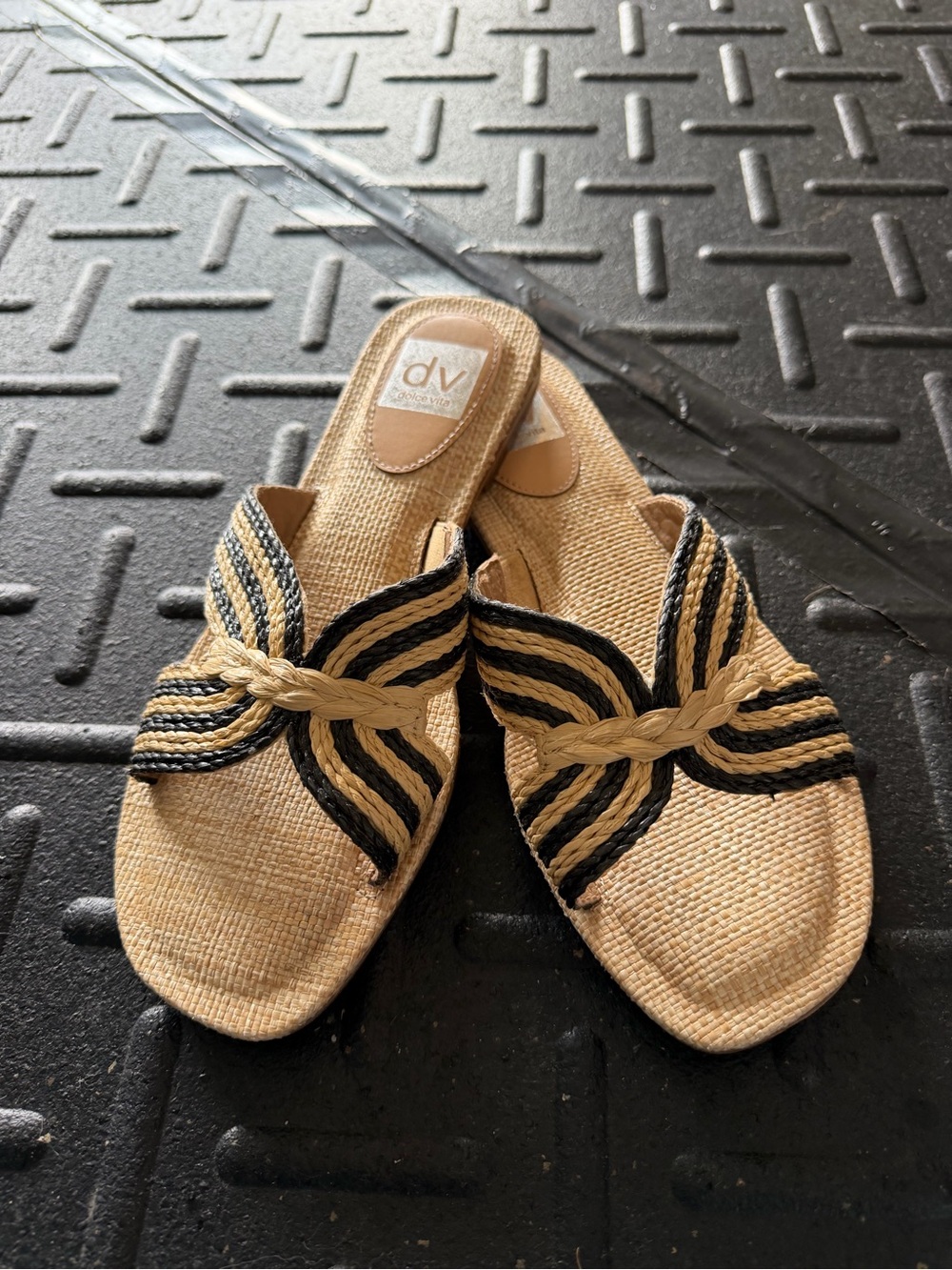 DV by Dolce Vita Tan Woven Slide Sandals with Black Braided Accent